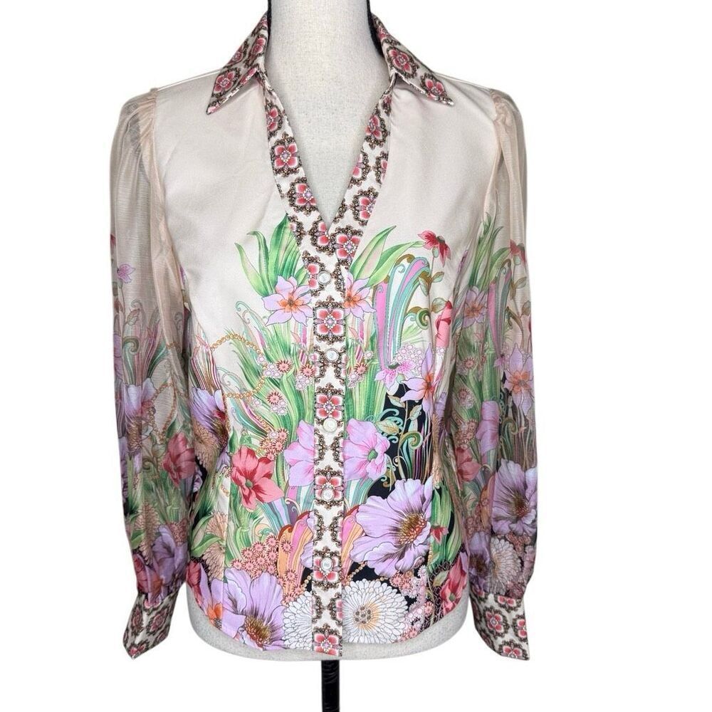 Peach Blouse Floral Sheer Balloon Sleeve Size M Romantic, Maximalist, Fairycore